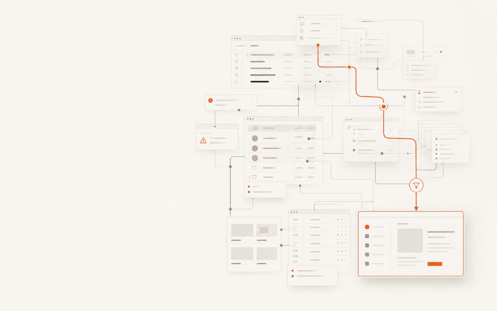 An abstract online-business workflow being filtered into a focused software module